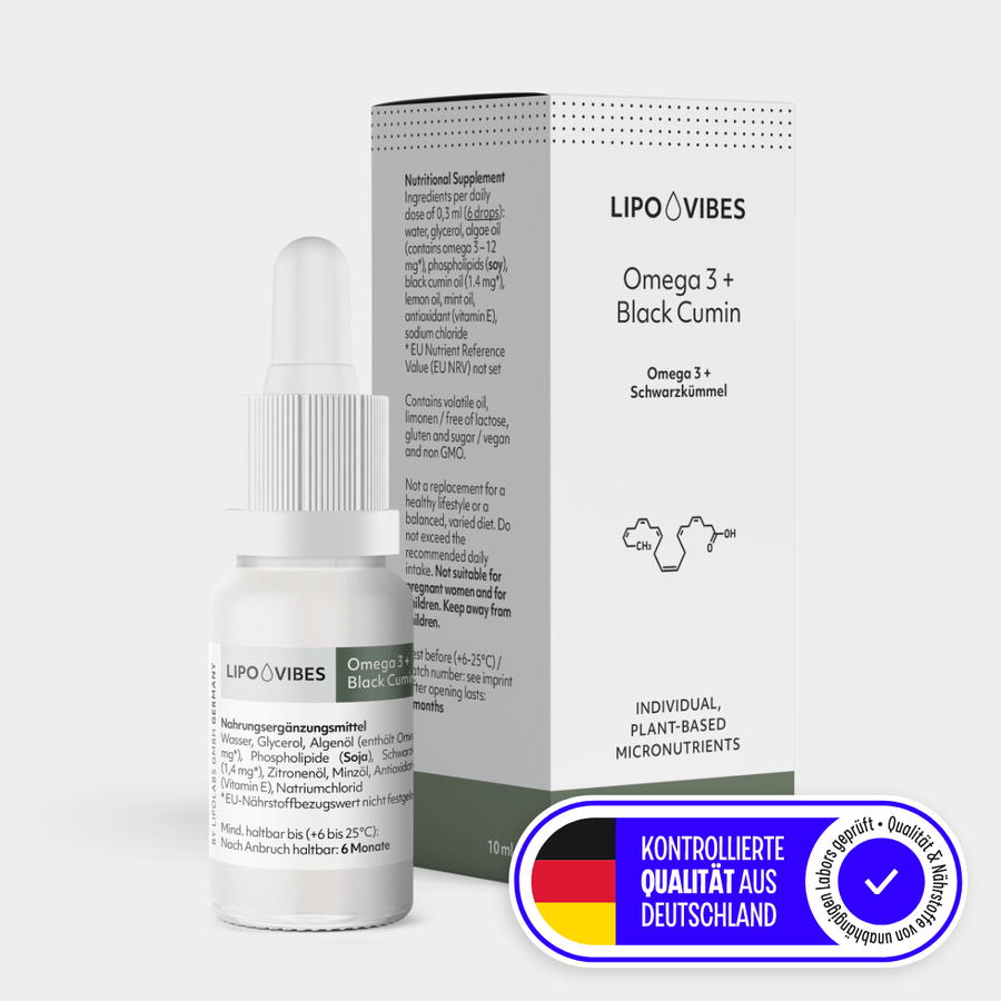 LipoVibes Omega-3 Tropfen (aus Algenöl) mit Schwarzkümmelöl in unserem Online-Shop LipoVibes Omega-3 Tropfen (aus Algenöl) mit Schwarzkümmelöl: LipoVibes Omega-3 Tropfen (aus Algenöl) mit Schwarzkümmelöl