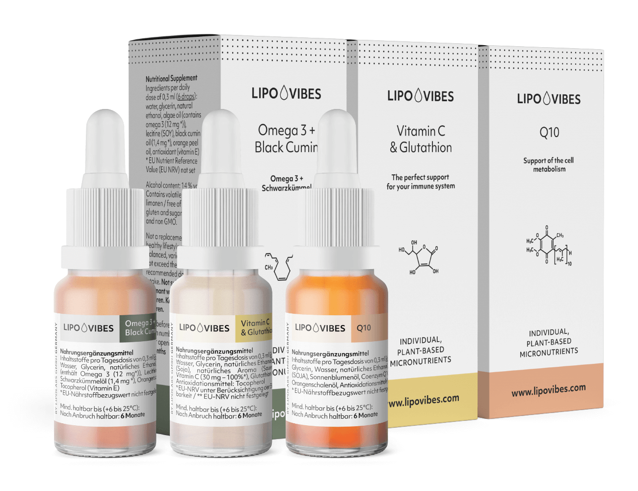 Lipovibes 3er Kombination Haut, Haare, Nägel / Omega 3 + Schwarzkümmel, Vitamin C + Glutathion, Q10 in 10 ml Glasflaschen