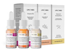 Load image into Gallery viewer, Lipovibes liposomale 3er Kombination Sport &amp; Energie / Vitamin B12, Q10, Vitamin C + Glutathion in 10 ml Glasflaschen
