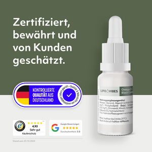 LipoVibes Omega-3 Tropfen (aus Algenöl) mit Schwarzkümmelöl