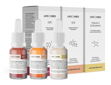 Load image into Gallery viewer, Lipovibes liposomale 3er Kombination Anti-Aging / OPC, Q10, Vitamin C + Glutathion in 10 ml Glasflaschen 
