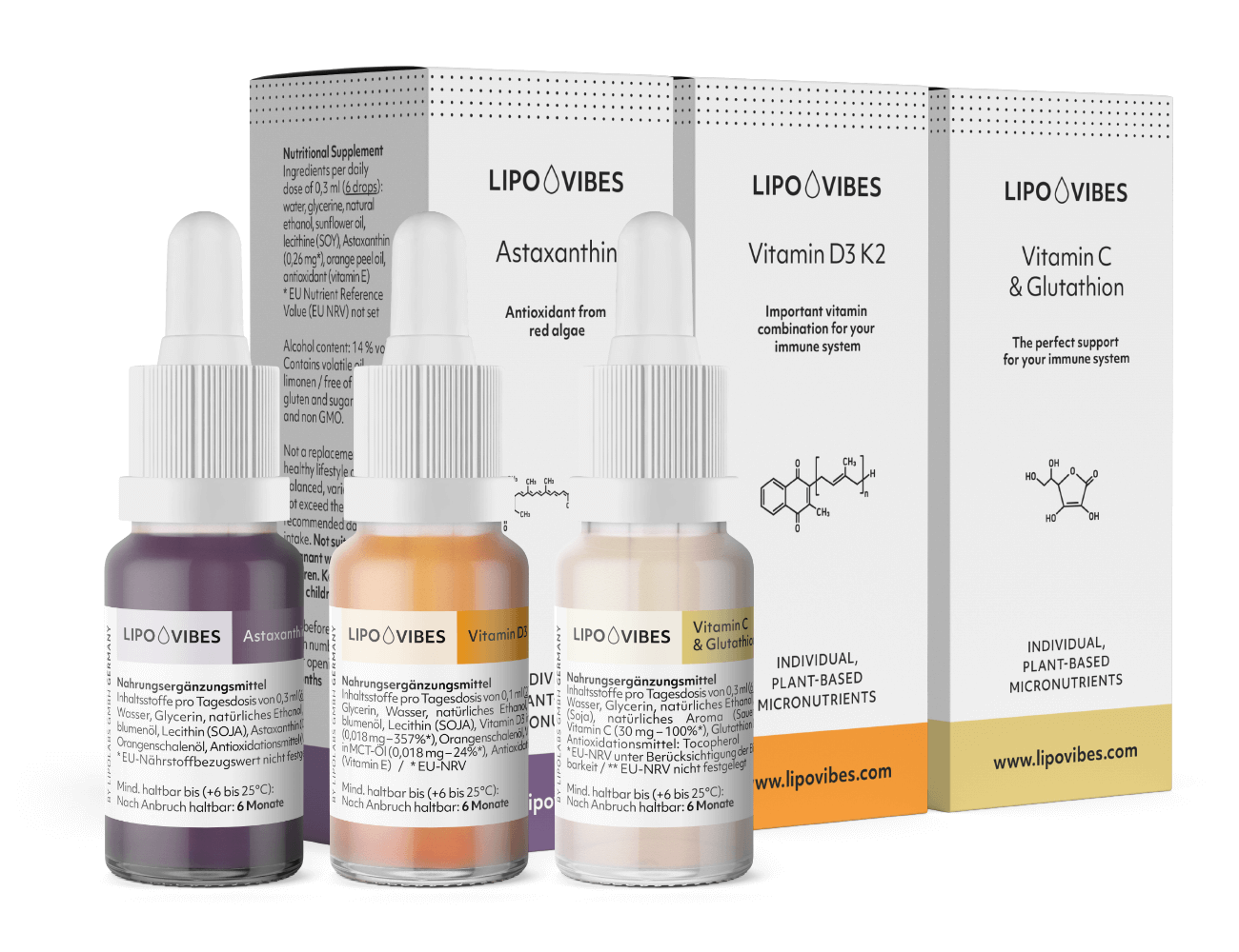 Lipovibes liposomale 3er Kombination Immunsystem & Zellgesundheit / Astaxanthin, Vitamin D3K2, Vitamin C + Glutathion in 10 ml Glasflaschen