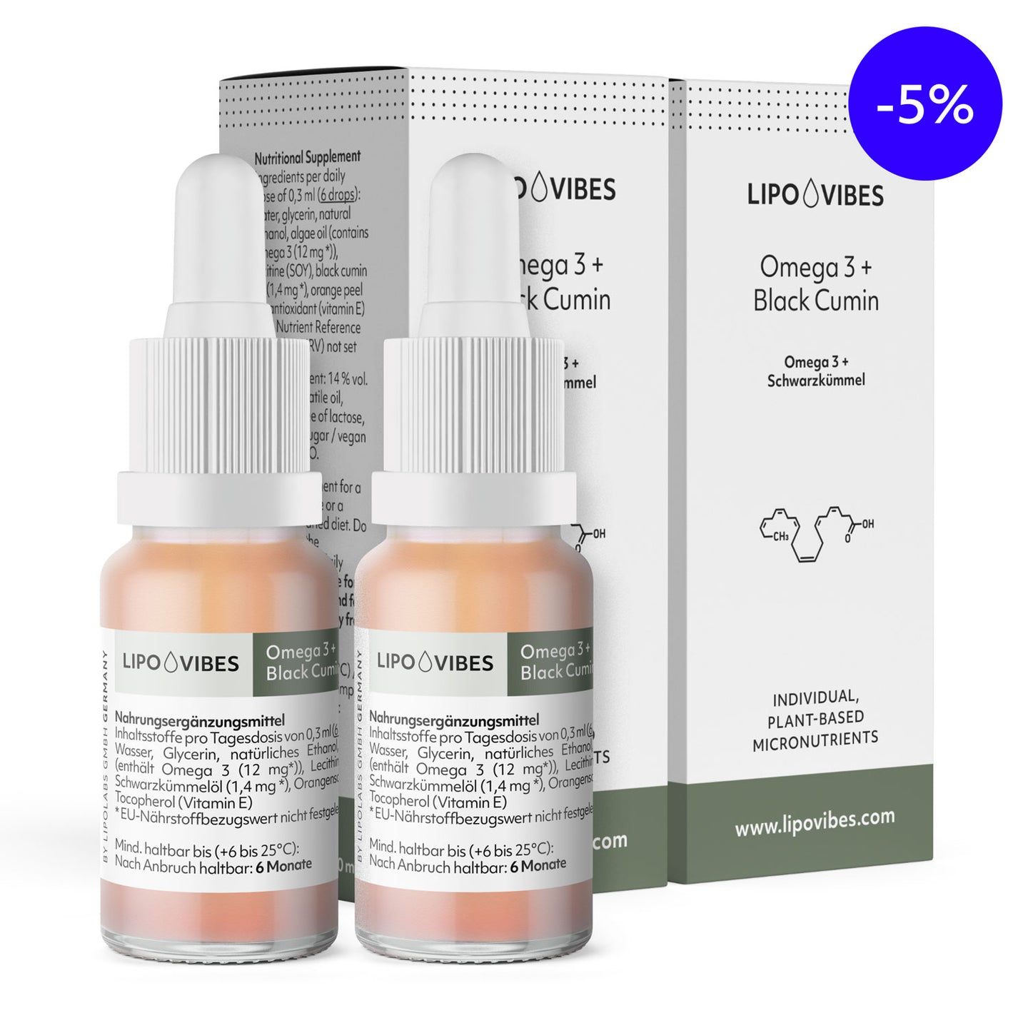 2 Flaschen liposomales LipoVibes Omega 3 + Schwarzkümmel in 10 ml Glasflasche